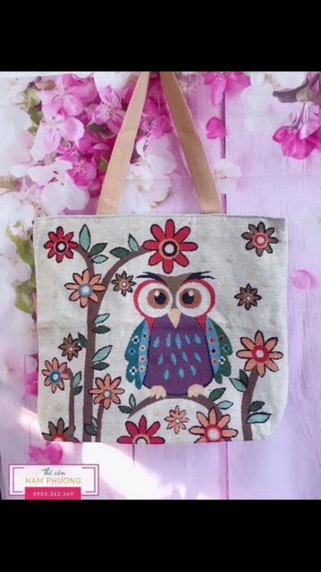 Túi Tote Vuông Thổ Cẩm Vải Canvas/ Bố Hình Cú Và Voi Size Trung 34*34*8cm - Lucky Girl shop