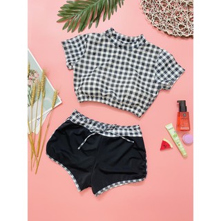 Đồ bơi bikini hai mảnh cộc tay caro quần đùi