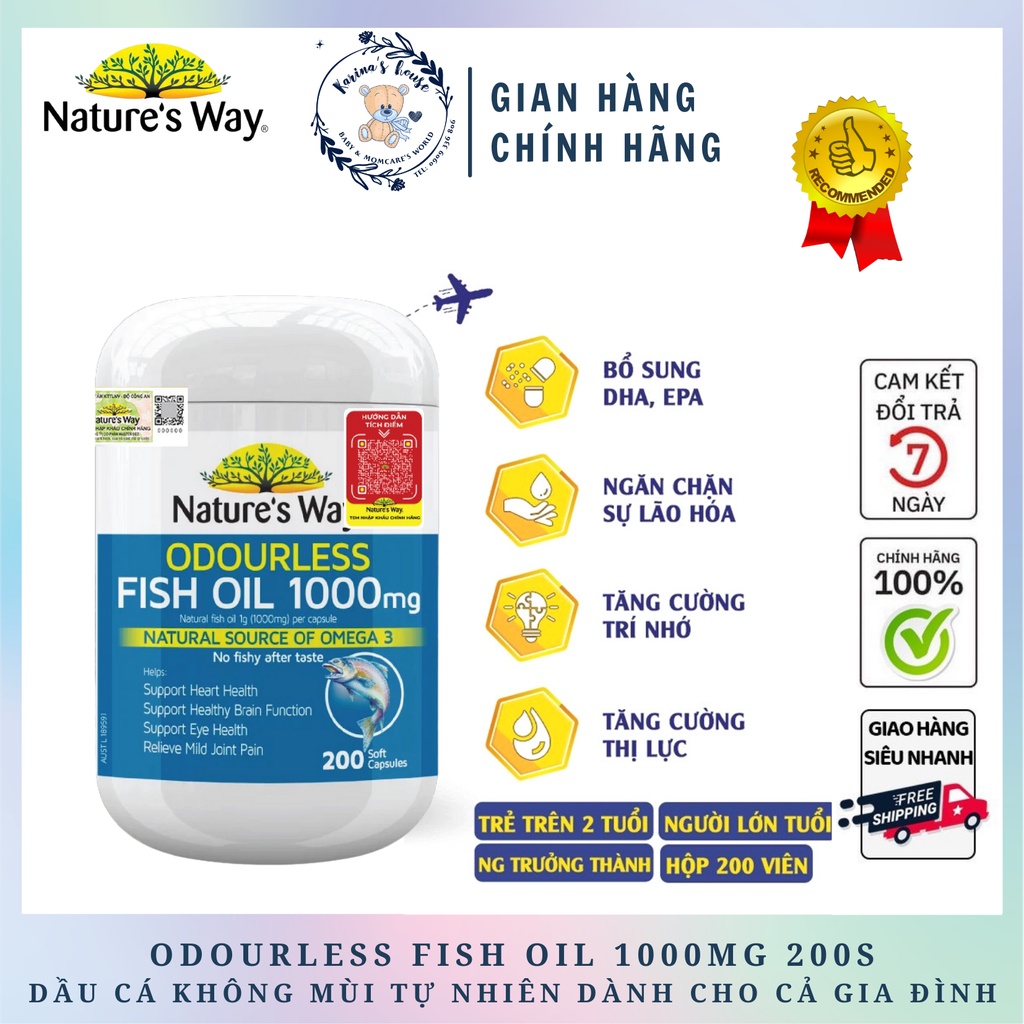 Dầu cá thiên nhiên cho cả gia đình Nature’s Way Fish Oil 1000mg An Toàn Cho Mẹ Bầu Và Thai Nhi