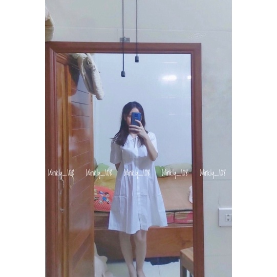 Đầm - Váy sơ mi thô chữ A túi ngực hai màu