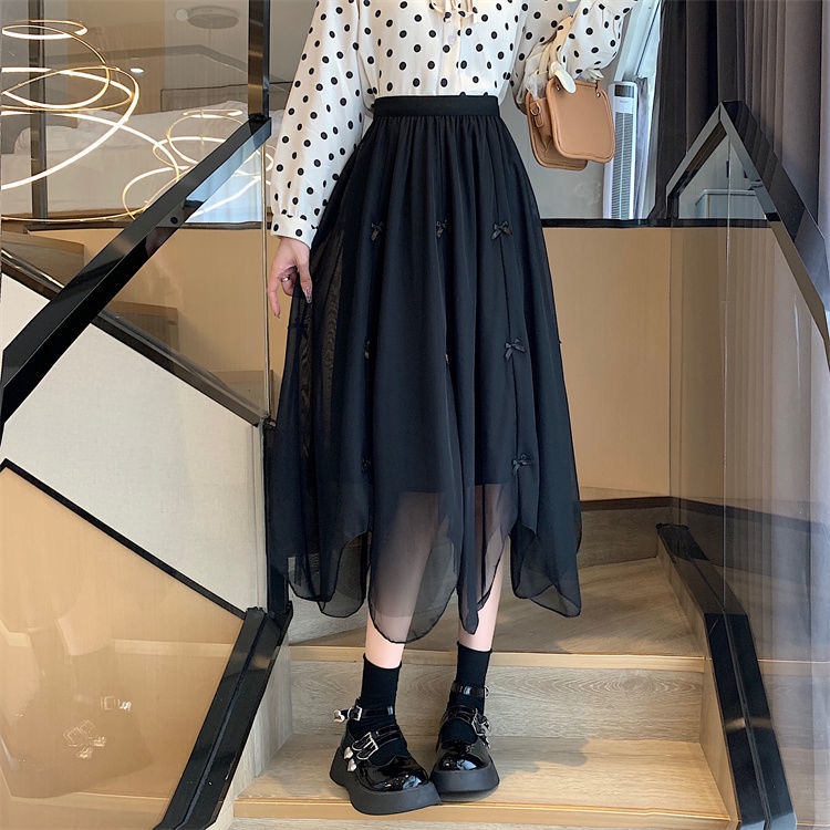 Chân Váy Chữ A Lưng Cao Phối Lưới Và Nơ Xinh Xắn Dễ Phối Đồ