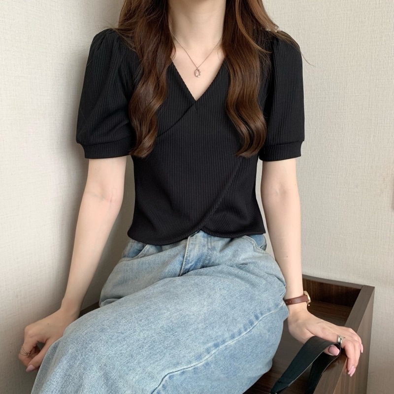 【ZHELIHANGFEI】 / feel Áo Thun Dệt Kim Tay Ngắn Cổ Chữ V Đan Chéo