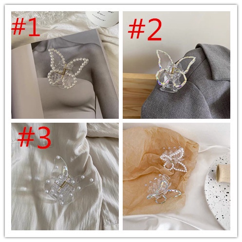 Kẹp tóc trong suốt hình bướm đính đá ngọc trai nhân tạo phong cách Hàn Quốc