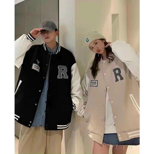 (Chất da lộn cao cấp) Áo khoác bomber thời trang đôi Các cặp đôi phong cách Hàn Quốc thêu chữ R