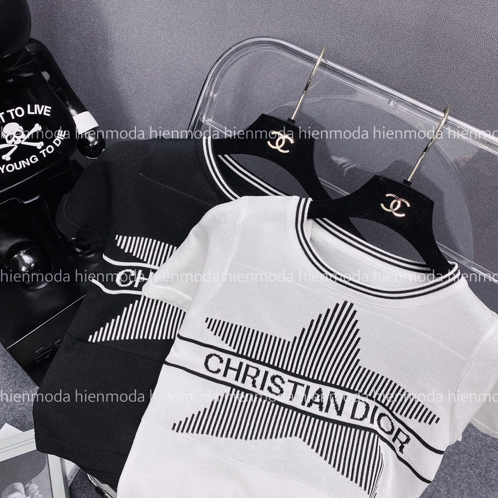 Áo len mongtoghi nữ cổ tròn họa tiết ngôi sao , áo len dệt kim kiểu cải viền cổ chữ Christian dior