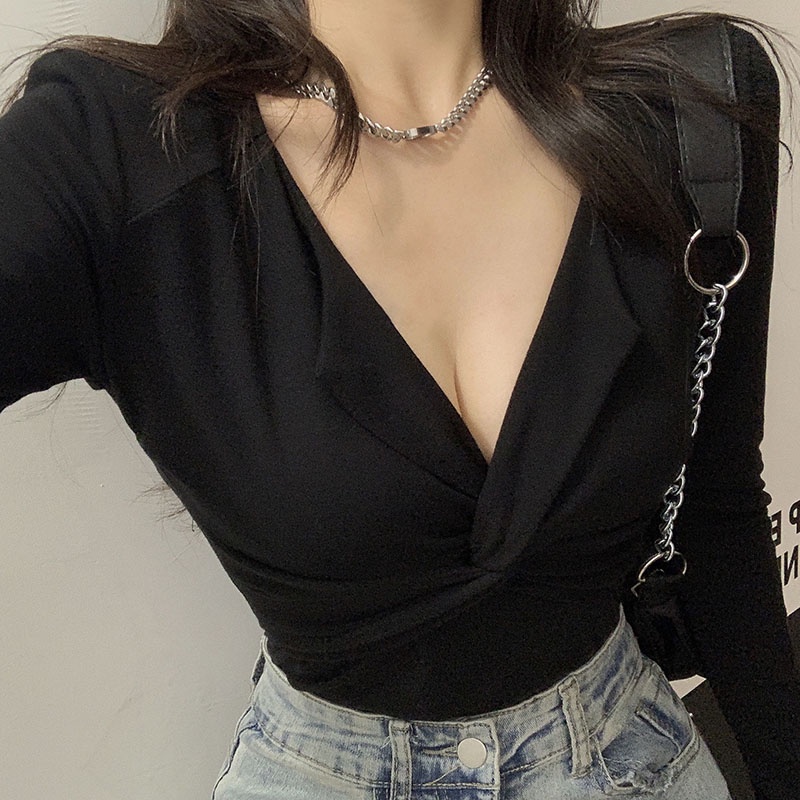 QKOOLE  Áo Thun Dệt Kim Tay Dài Cổ Chữ V Dáng Ôm Phong Cách Hàn Quốc Dành Cho Nữ