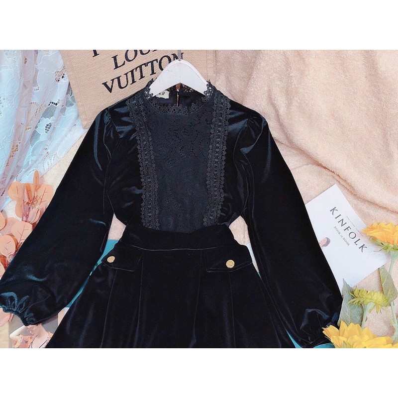 Đầm áo nhung ren chân váy