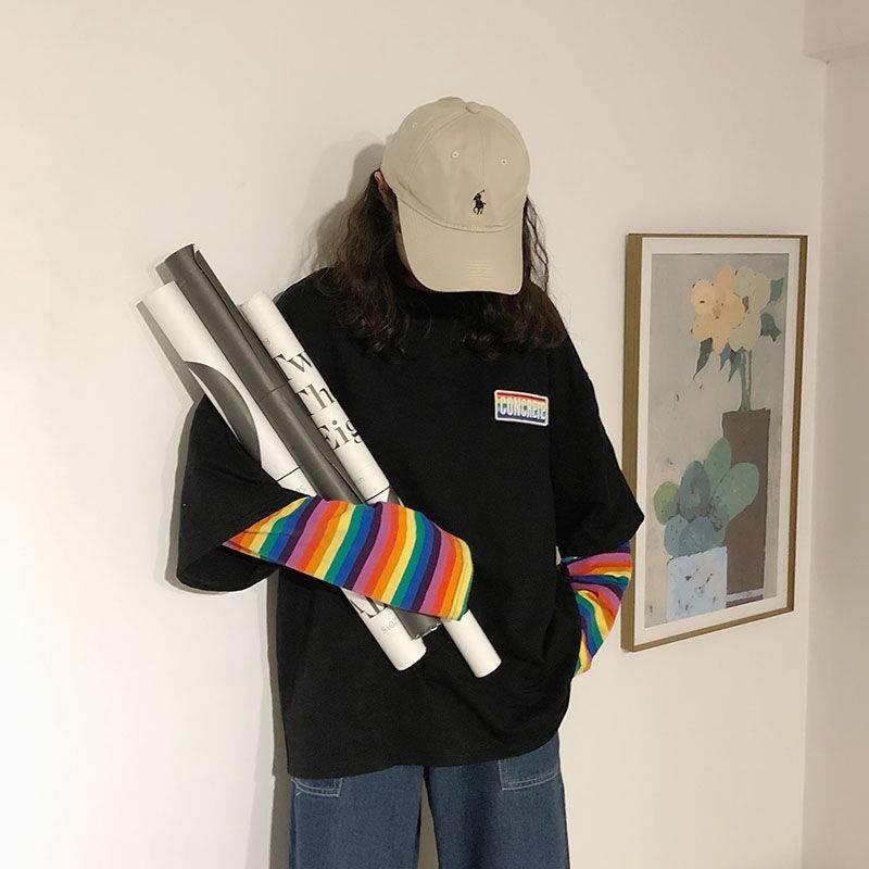 Áo thun dài tay dành cho nữ có sọc cầu vồng đôi