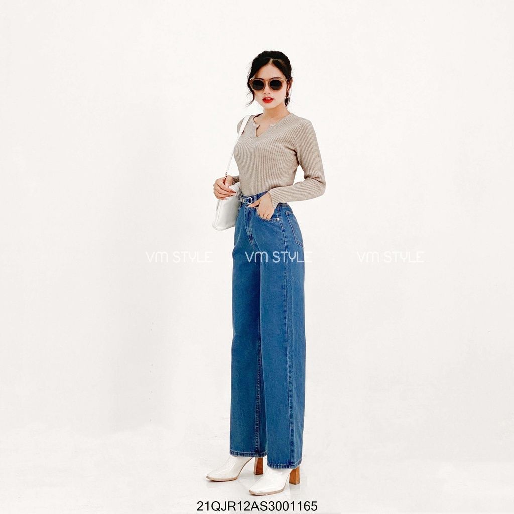 Quần jean ống rộng suông đai kiểu 2 nút ngang (không co giãn) thời trang nữ ulzzang Hàn Quốc VM STYLE  21QJR12AS3001