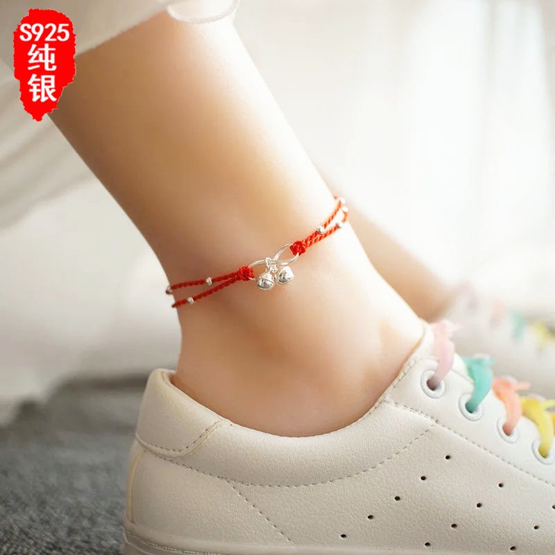Lắc chân. Lắc Chân Dây Bện Chuông Đỏ Dòng ns Sen Đơn Giản Bằng Bạc Sterling Phiên Bản Cuộc Sống Của Hàn Quốc Cho Nữ Sinh