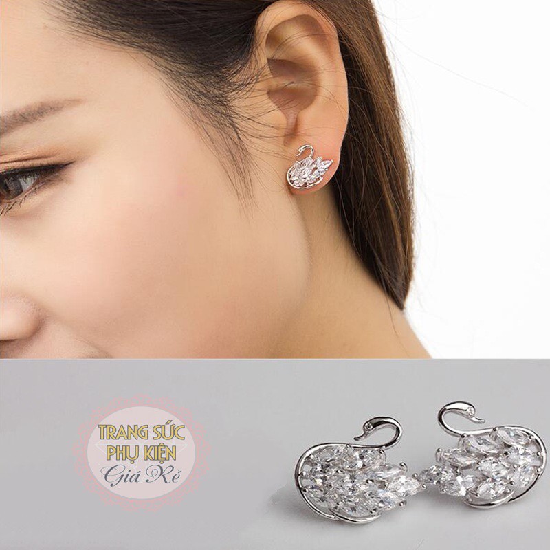 Bông tai thời trang HT168 hình thiên nga, đá sáng bạc Ý S925