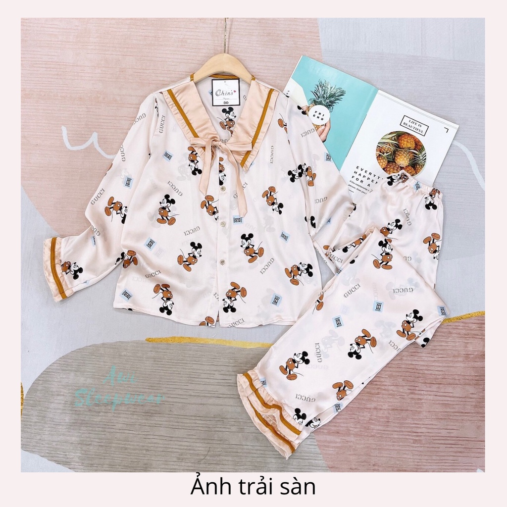Bộ Pijama Cộc Dài Mickey Có Nơ Chất Satin Mát Lạnh - Awi Sleepwear