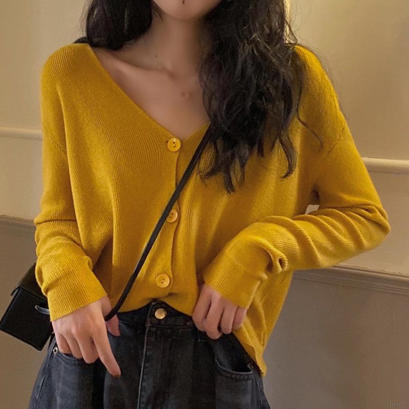 Áo Cardigan Dệt Kim Tay Dài Cổ Chữ V Phối Nút Màu Trơn Phong Cách Hàn Quốc