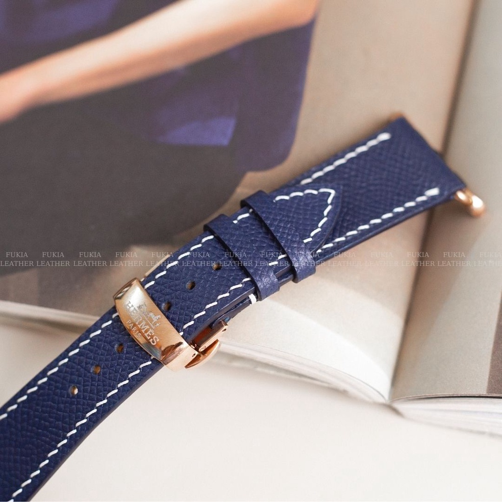 Dây da thủ công Epsom Xanh Navy Chỉ Trắng dành cho Apple Watch, đồng hồ thông minh, đồng hồ cơ