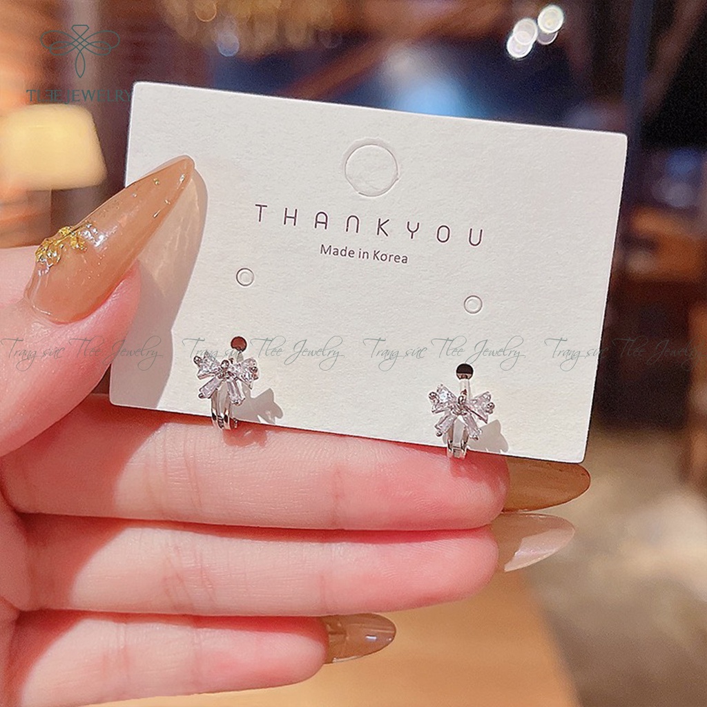 Khuyên tai bạc nữ TLEE nơ chốt bấm nạm đá dáng nữ tính NCJ B0102