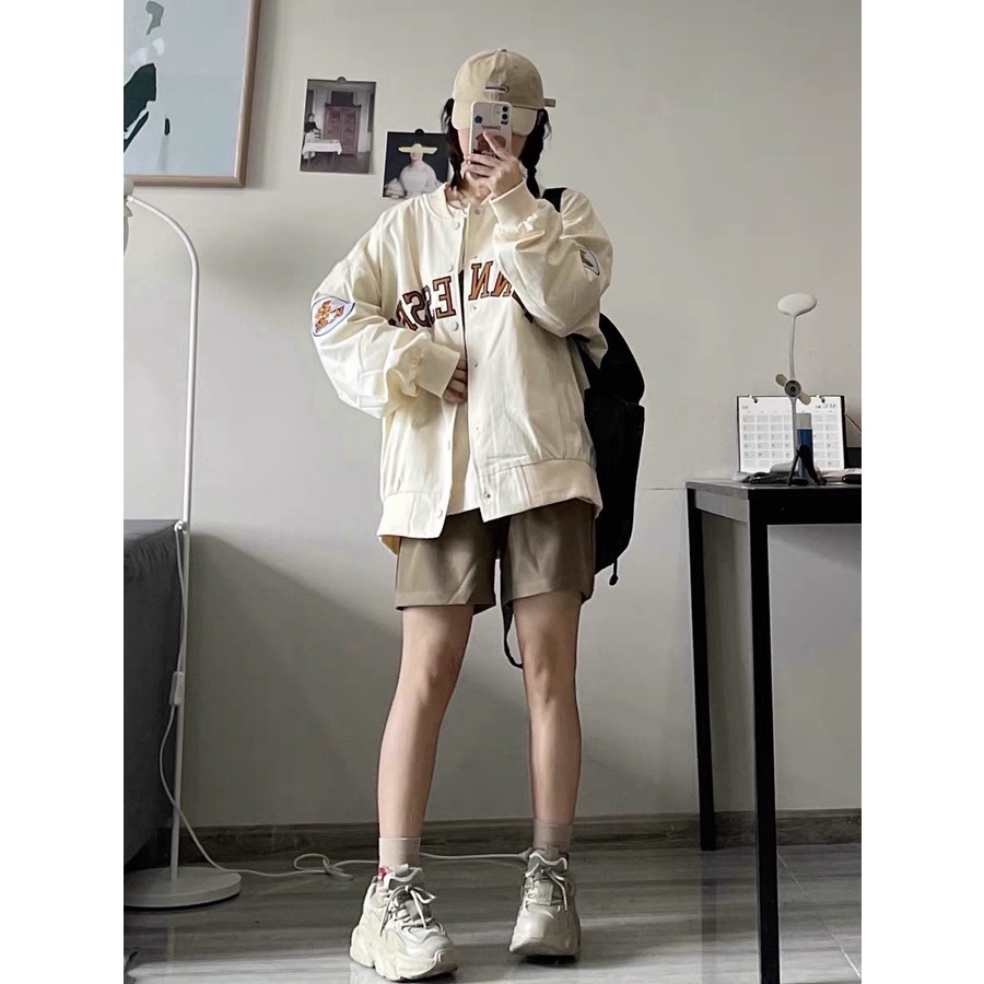 Áo bomber kaki 2 lớp/Áo khoác varsity jacket TENNE form rộng unisex, phong cách Hàn Quốc 2 màu be, đen KUNNI25