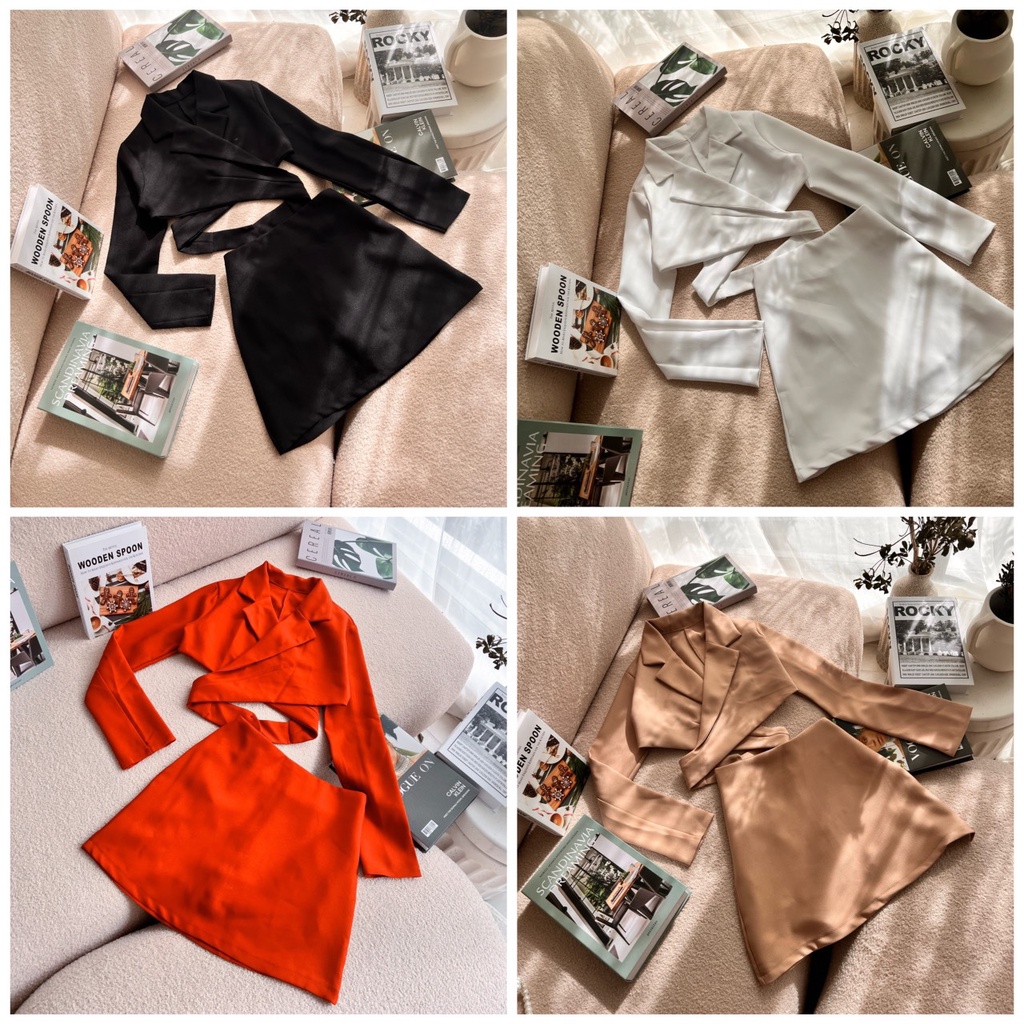 SÉT CROP VEST DÂY CHÉO EO + CHÂN VÁY