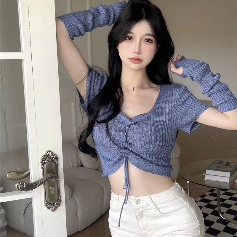 Áo Sweater Ngắn Tay Cổ Chữ V Cột Dây Phong Cách Vintage Hàn Quốc Mới Cho Nữ