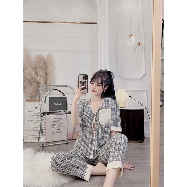 BỘ PIJAMAS HOẠ TIẾT KẺ SỌC HÀNG THIẾT KẾ CAO CẤP BỘ MẶC NHÀ NỮ CỔ V
