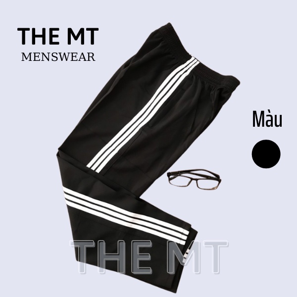 Quần thể thao nam nữ dài 3 sọc ống xuông THE MT màu đen sọc trắng chất dày dặn cao cấp (40-75kg)