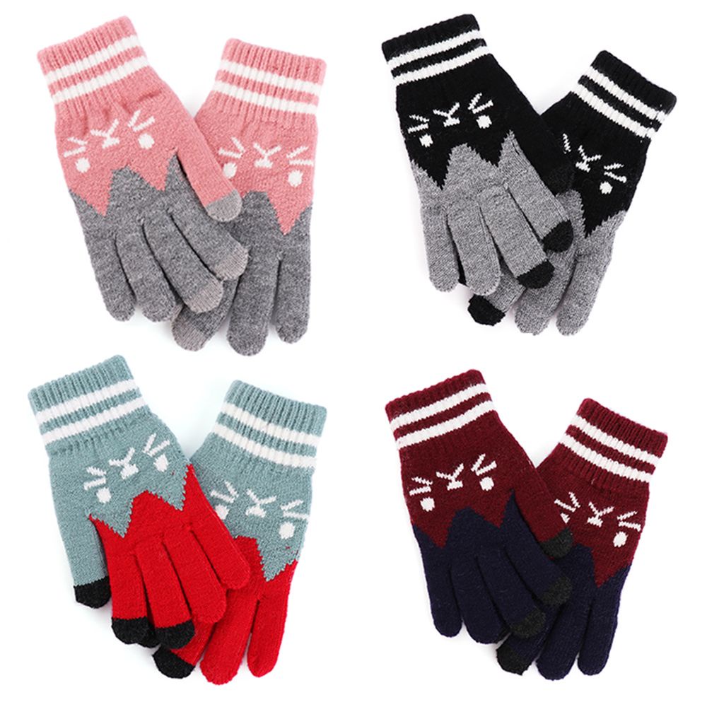 Đôi găng tay vải len dệt kim MIHAN1 giữ ấm họa tiết cô mèo dễ thương chạm được màn hình cảm ứng