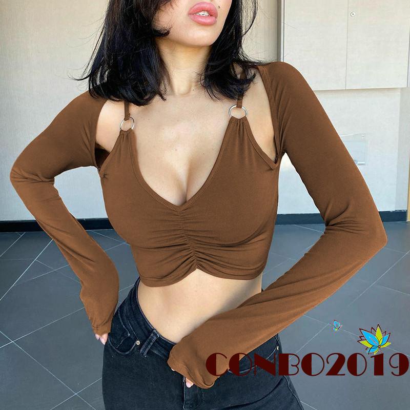 Áo Croptop Tay Dài Cổ Chữ V Màu Trơn Thời Trang Mùa Hè Cho Nữ