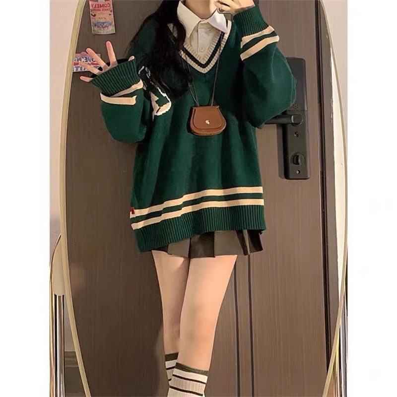 Áo sweater dệt kim Xiaozhainv dáng rộng cổ V phong cách Hàn Quốc cho nữ