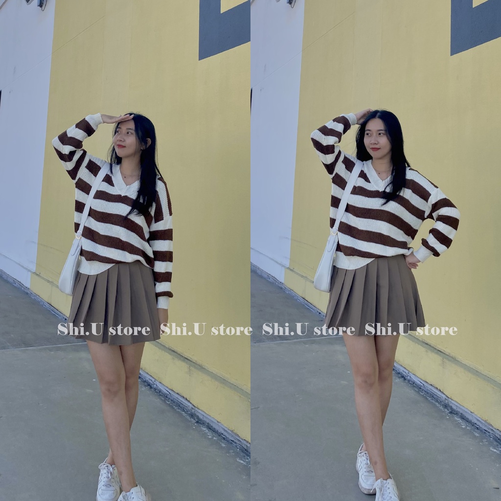 Áo len nữ dài tay cổ V kẻ sọc ngang mác cổ style ulzzang 3 màu hàng QC