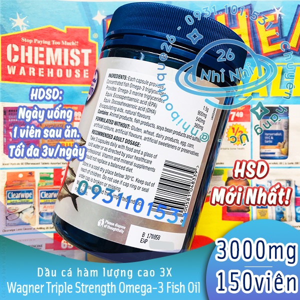 🐟CÓ BILL ÚC🐟 Dầu cá Wagner 3000mg 🐟 150 viên 🐟 Wagner Triple Strength Omega-3 Fish Oil 🐟 Chuẩn Chemist Warehouse