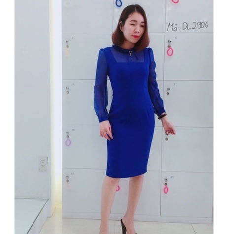 Đầm ôm,cổ tròn trần zen nơ Emspo DL2906