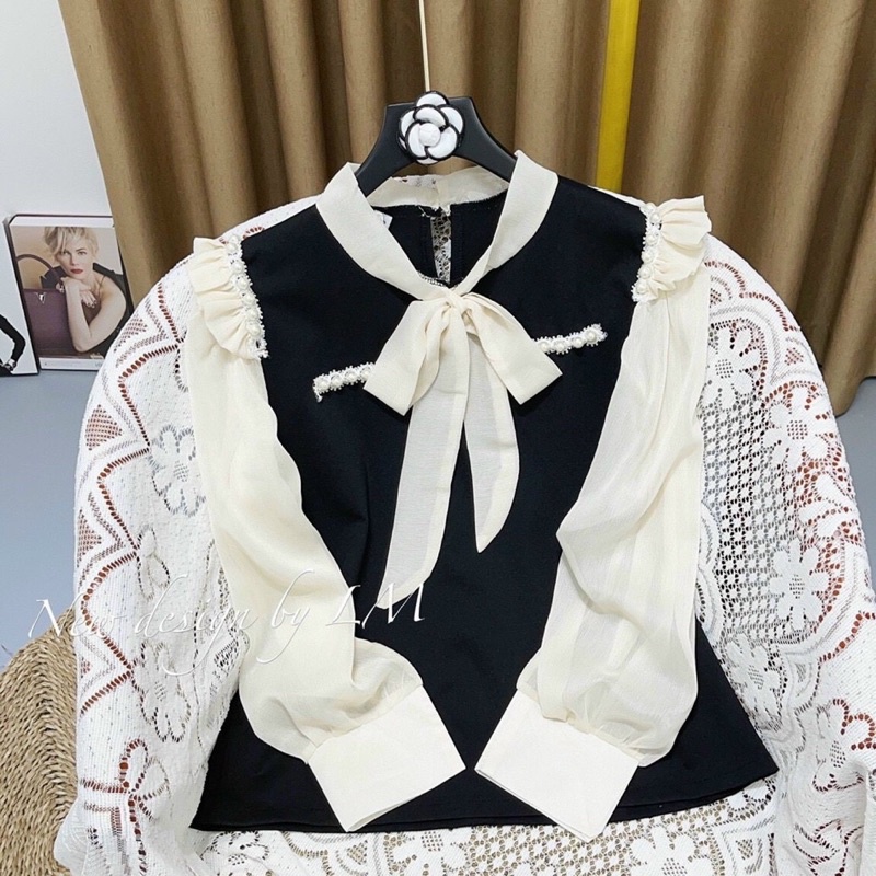 Sơ mi nơ đính ngọc Tiểu thư