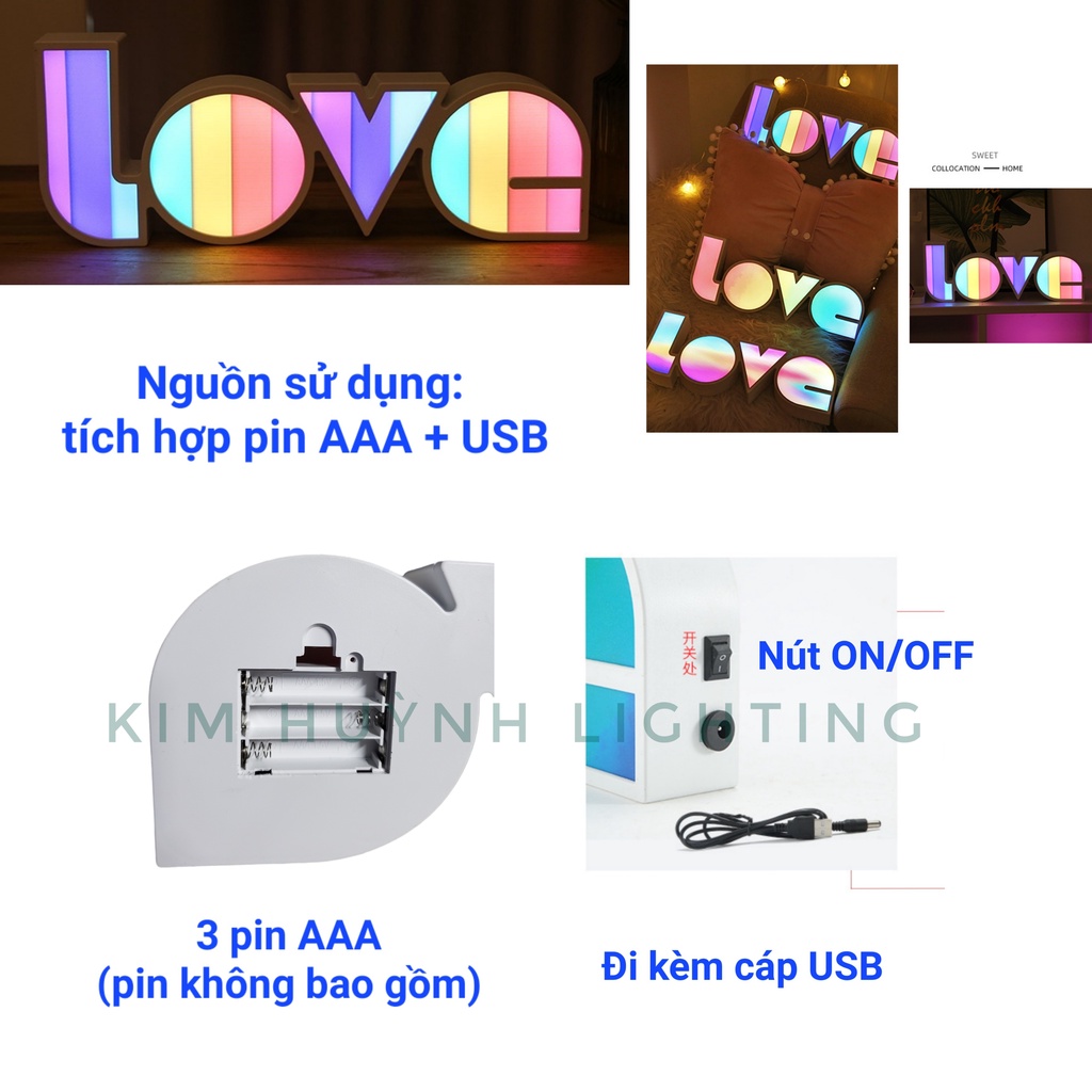Đèn Led chữ LOVE 3D tông màu pastel trang trí Decor nguồn Pin+USB 2 trong 1