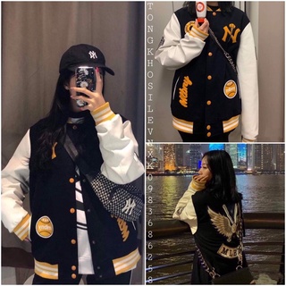 ÁO KHOÁC BOMBER ĐẠI BÀNG NY CÚC BẤM - ÁO BOMBER RAGLAN LOGO TRẮNG ĐEN UNISEX
