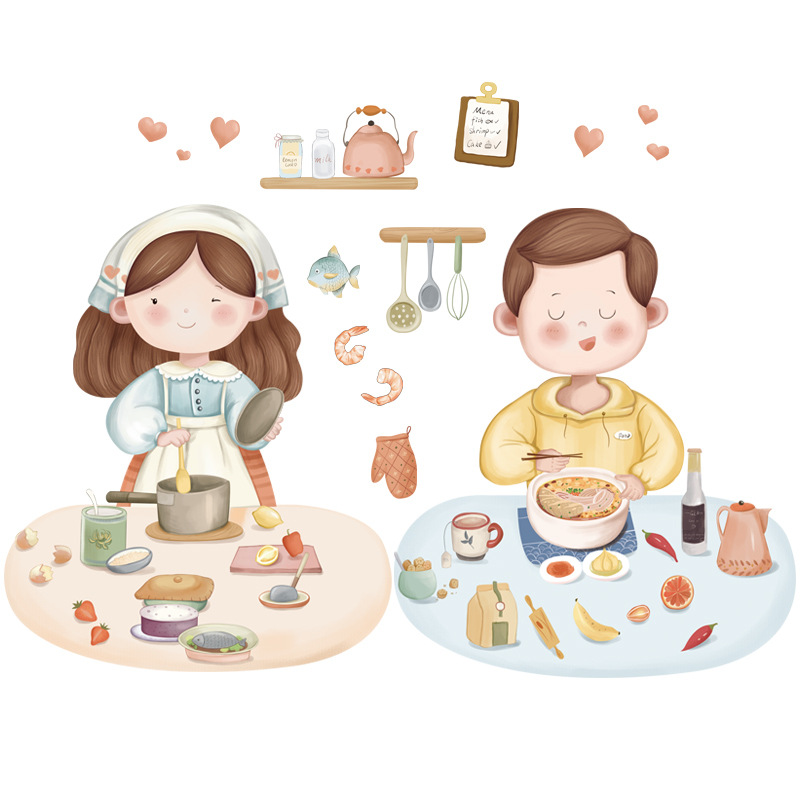 【Zooyoo】Cute couple wall sticker warm kitchen decoration stickers Restaurant milk tea shop decoration wall paste