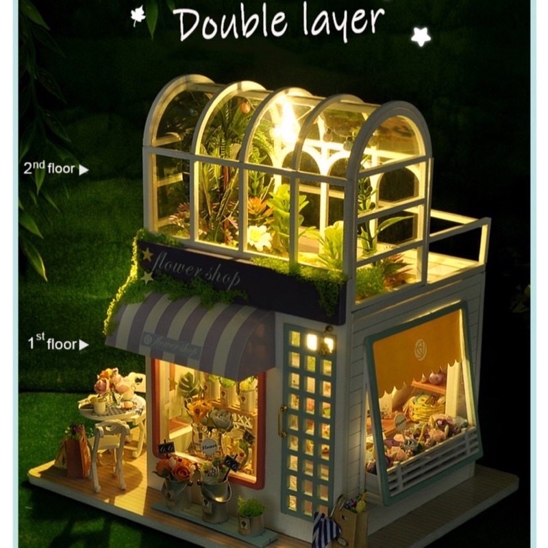 (Tặng mica,keo sữa,đèn)Mô hình nhà búp bê bé tự lắp ráp đô chơi cửa hàng hoa diy doll house TD41