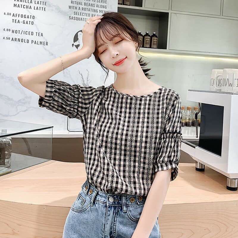 Áo kiểu nữ🍒freeship🍒áo kẻ caro suông đẹp