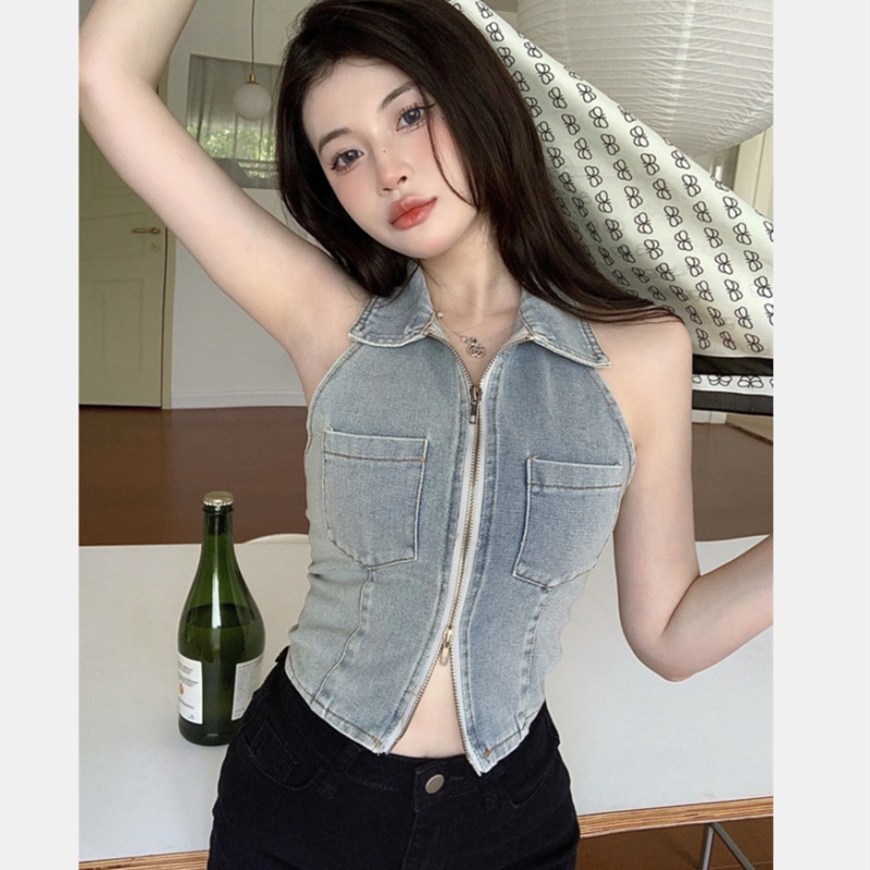 Áo Denim Không Tay Thiết Kế Quyến Rũ Thời Trang