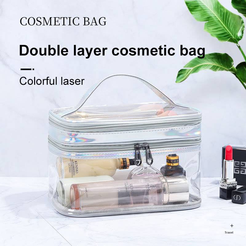Túi đựng mỹ phẩm trang điểm hai lớp trong suốt nhiều màu sắc tùy chọn laser chống thấm nước dành cho mang đi du lịch