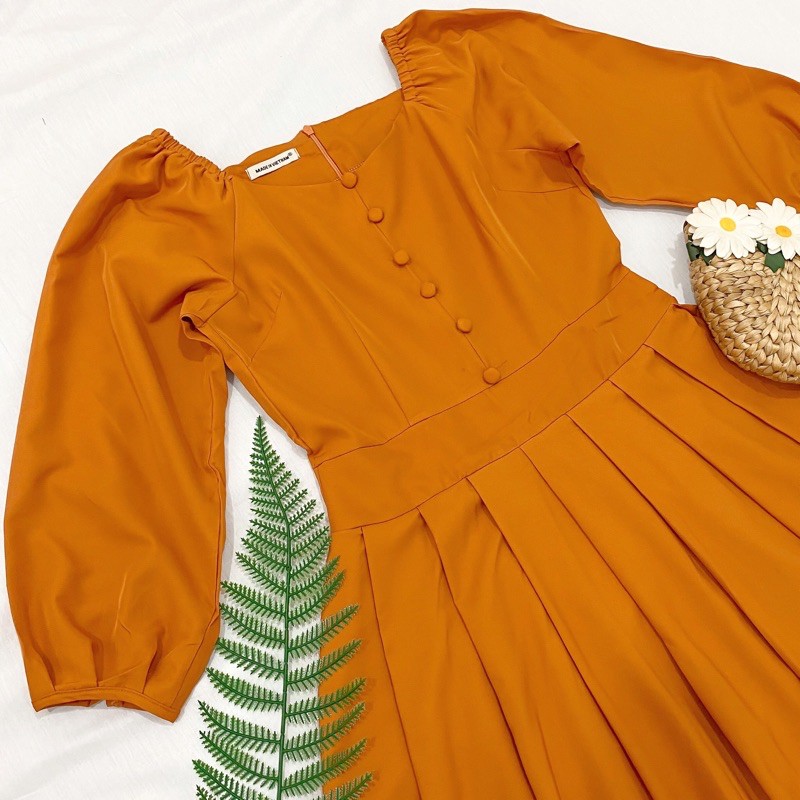 Đầm cam nút bọc xếp li (kèm hình thật) | BigBuy360 - bigbuy360.vn