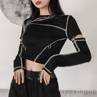 Áo Croptop Cổ Tròn Tay Dài Cắt Rời Thiết Kế Đường Khâu Khoét Rỗng Độc Đáo Cá Tính Cho Nữ