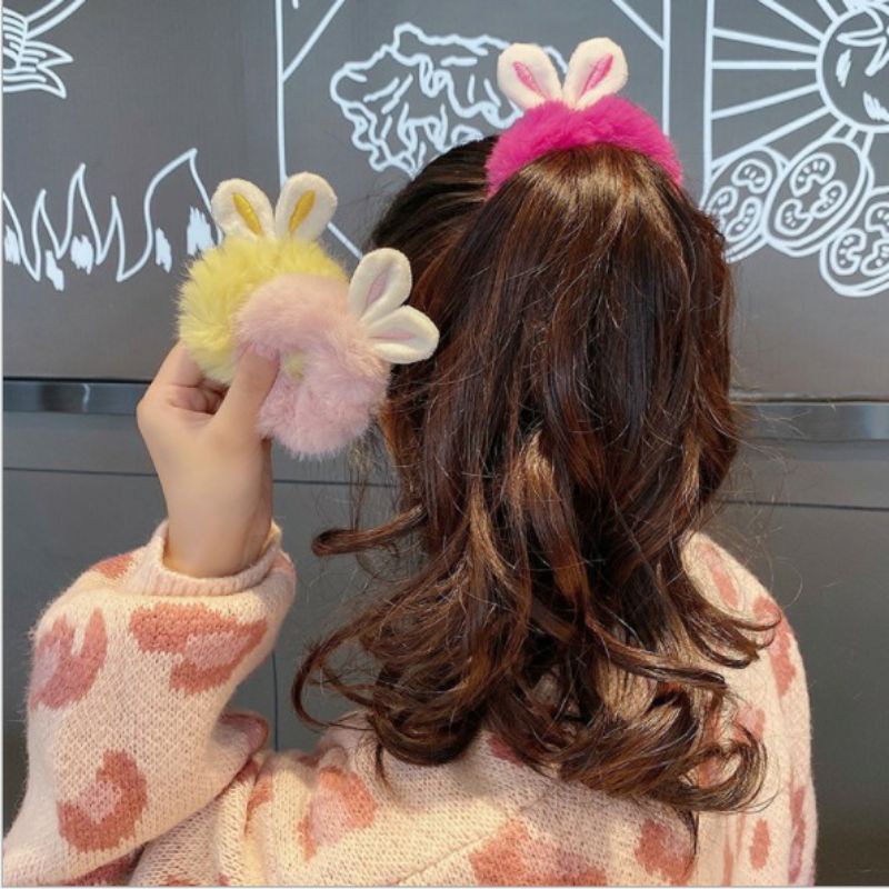 0Scrunchies cột tóc lông mềm tai thỏ nhiều màu phong cách Hàn Quốc