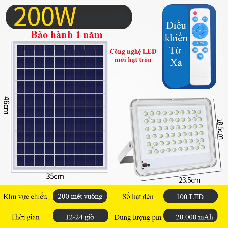 Đèn led năng lượng mặt trời 200W công nghệ led mới hạt tròn siêu sáng hiển thị phần trăm pin [Bảo hành 1 năm]