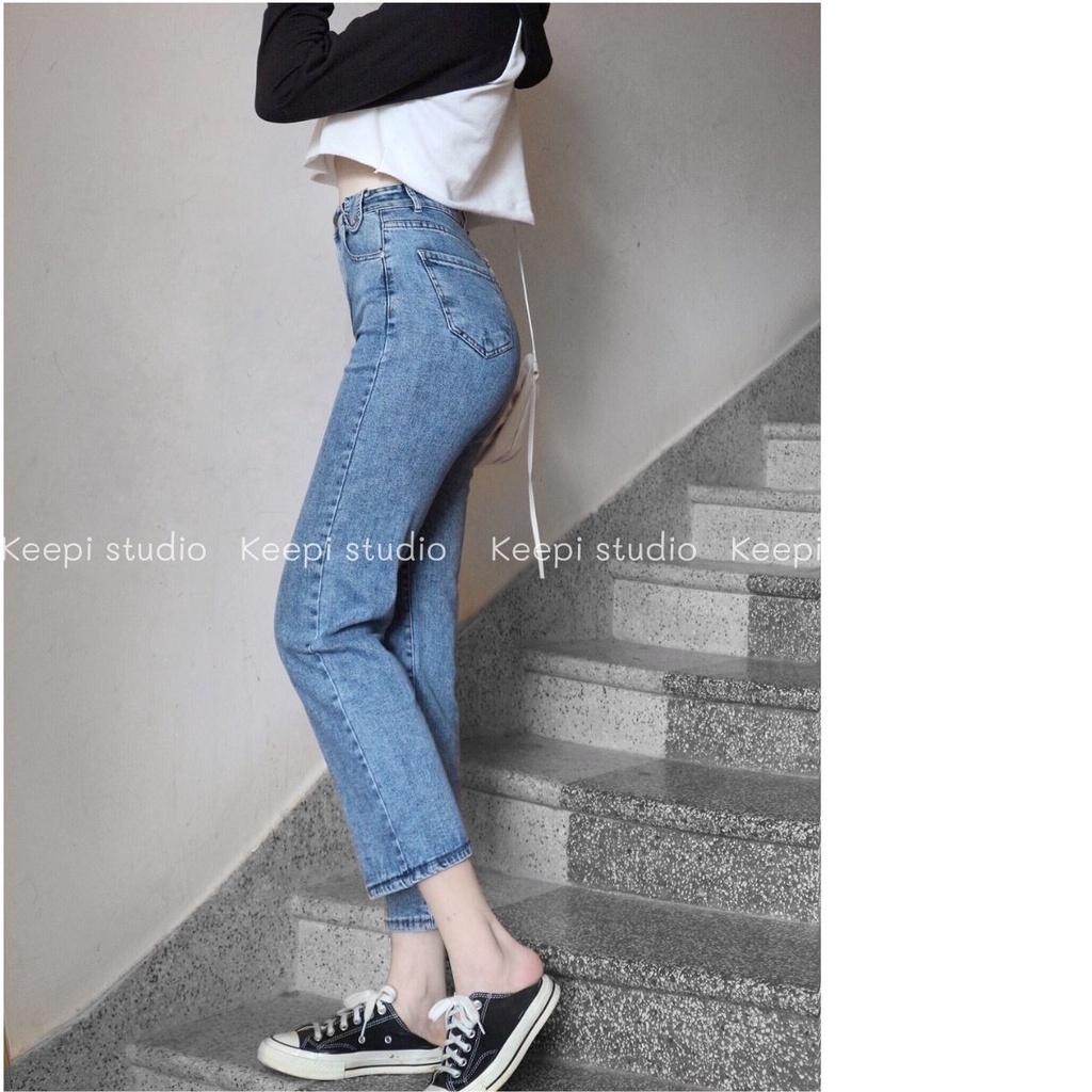 Quần Ống Suông Ghi Đá Cao Cấp KEEPI Quần Jeans Nữ Lưng Cao Ống Đứng