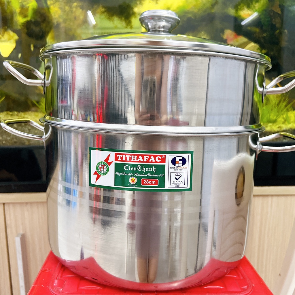 Nồi hấp inox 2 tầng nắp kiếng Tiến Thành dày dặn sử dụng được cả bếp ga và bếp từ tiện lợi sáng bóng