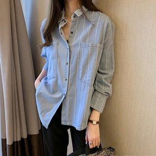 Áo Sơ Mi Denim Tay Dài Dáng Rộng Phong Cách Hàn Quốc Thời Trang Xuân Thu Cho Nữ
