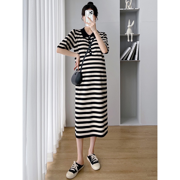 【ZHELIHANGFEI】 / Đầm Bầu Dệt Kim Lụa Lạnh Dáng Rộng Dài Kẻ Sọc