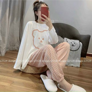Đồ bộ nữ hình gấu sọc caro siêu xinh, bộ đồ ngủ thu đông pyjama dài tay mặc nhà c1-019