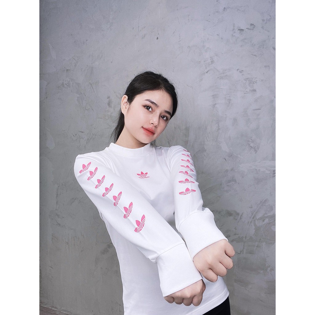 (HÀNG XUẤT XỊN) Áo das trắng tay dài 1733 REPEAT TREFOIL LS TEE WHITE/PINK Made in Cambodia full tag code  SIZE S M L