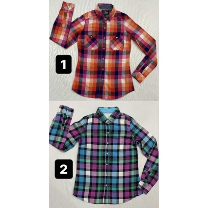 Áo sơ mi tay dài vải kate mềm kẻ sọc Nino.maxx 2 màu cam/ xanh (Size XS, S) - Thanh lý vnxk