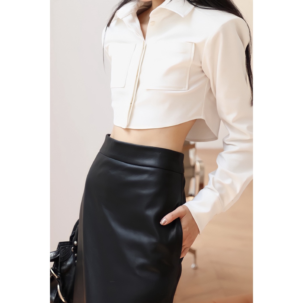 Chân Váy Da Dáng Dài Và Áo Sơ Mi Croptop Đôn Vai Eclipse Clothing